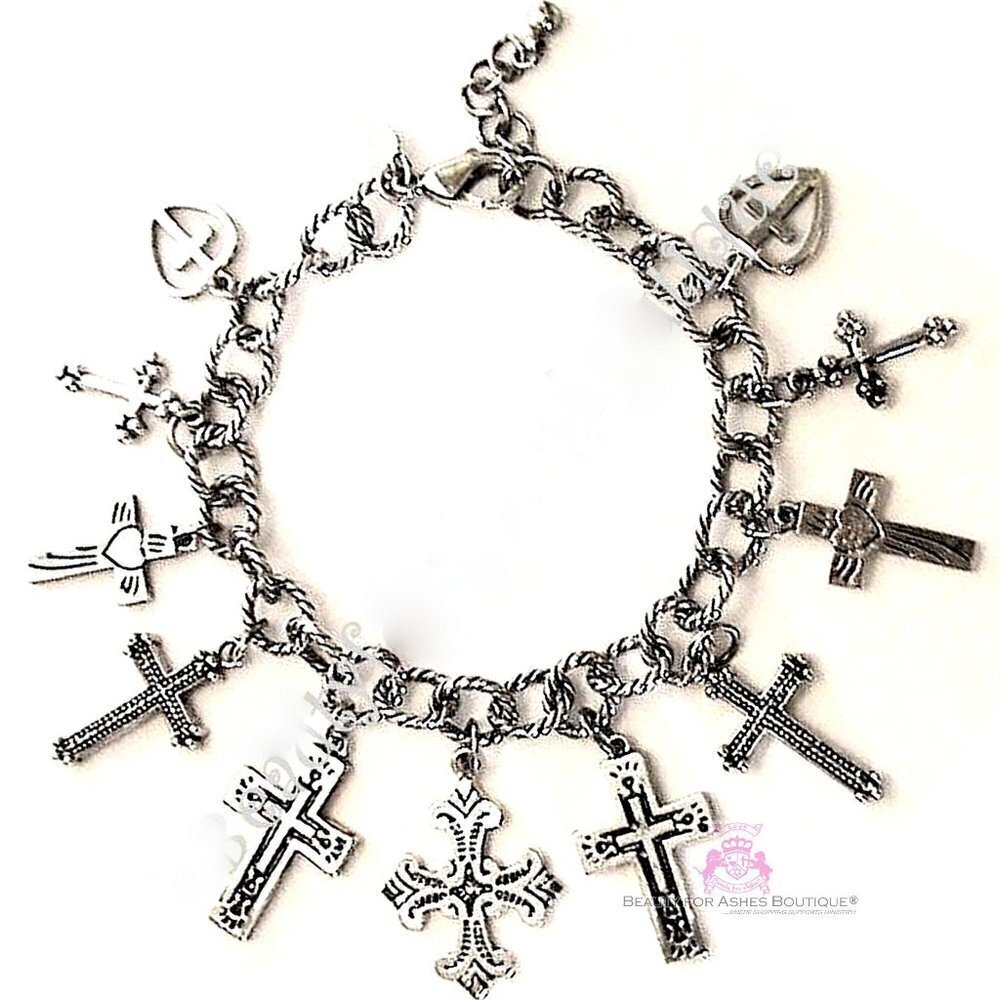 BFA Womens Girls Multi Ornate 11 Cross Charms Link Silver Heart Love Bracelet - Picture 1 of 13